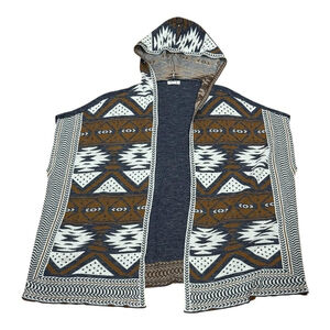 Ardene Poncho Womens One Size Brown Blue White Hooded Open Front Aztec Ruana